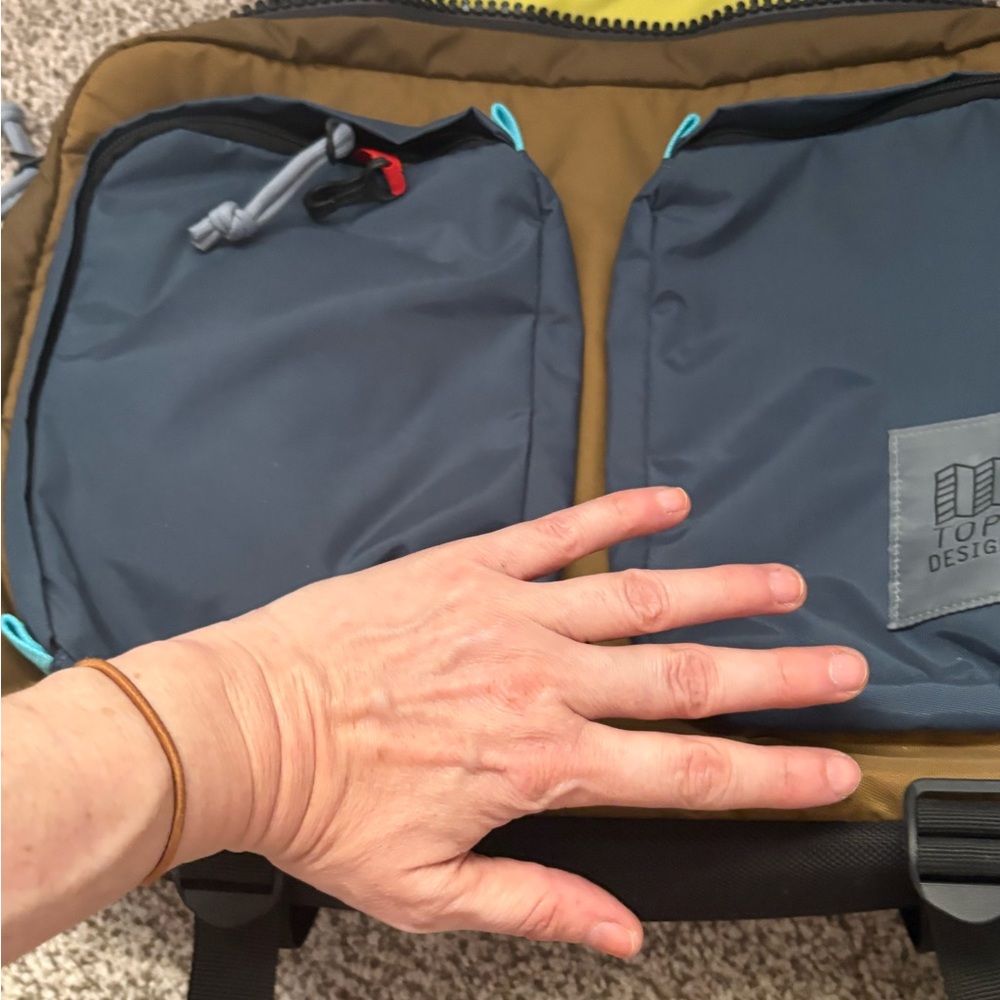 Topo Designs Men’s Blue Pocket Sling Pack with Brown Body and Turquoise Accents - Picture 3 of 4